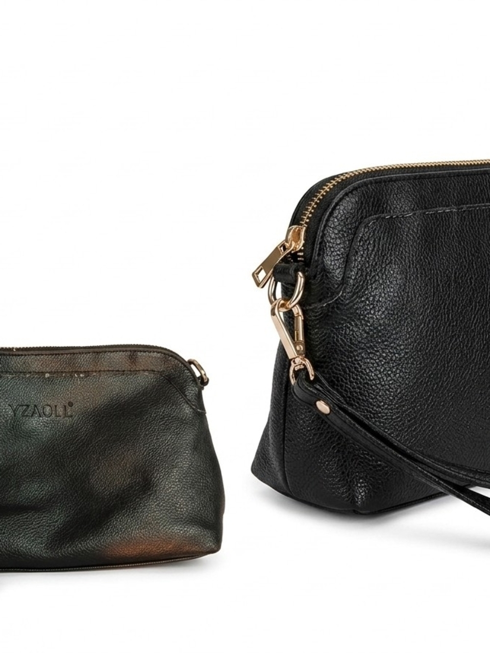 Black Leather Cosmetic Wristlet Set with Gold Hardware
